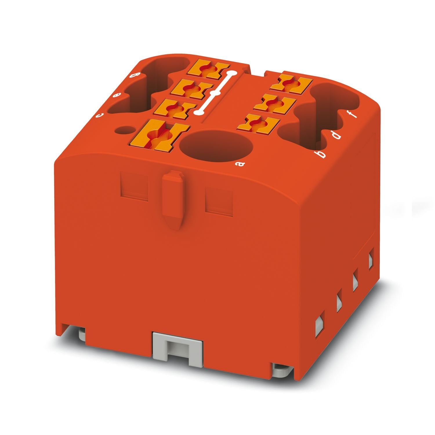 Distribution block, Basic terminal block with supply, nom. voltage: 450 V, nominal current: 24 A, number of connections: 7, connection method: Push-in connection, Rated cross section: 2.5 mm 2 , Load contact, cross section: 0.14 mm 2 - 4 mm 2 , Push-in connection, Line contact, Rated cross section: 6 mm 2 , cross section: 0.5 mm 2 - 10 mm 2 , mounting type: for snapping onto a DIN rail adapter, Direct mounting with flange, Free-hanging, color: red