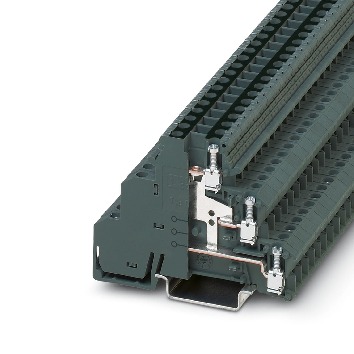 Multi-level terminal block, with potential distribution, upper level bridgeable, middle and lower level bridgeable with insertion bridges, nom. voltage: 250 V, nominal current: 20 A, connection method: Screw connection, cross section: 0.2 mm 2 - 4 mm 2 , mounting type: NS 35/7,5, NS 35/15, NS 32, color: dark gray