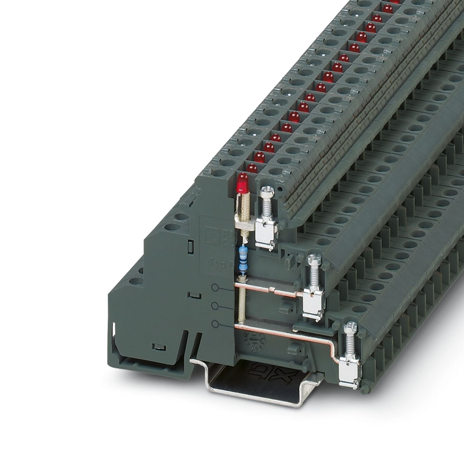 Multi-level terminal block, with red LED between lower and upper level, middle and lower level bridgeable with insertion bridges, nom. voltage: 250 V, nominal current: 20 A, connection method: Screw connection, cross section: 0.2 mm 2 - 4 mm 2 , mounting type: NS 35/7,5, NS 35/15, NS 32, color: dark gray
