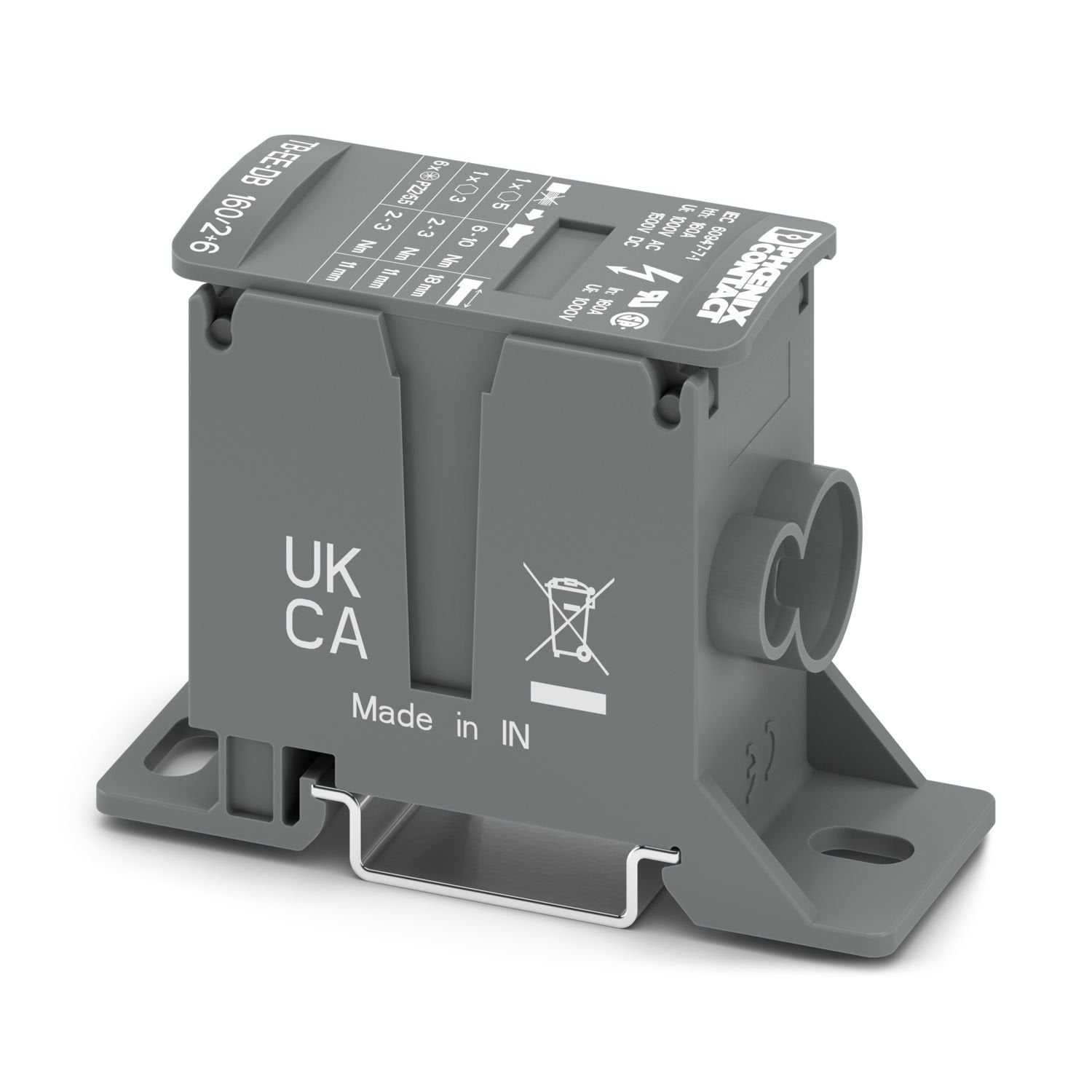 Distribution block, nom. voltage: 1000 V, nominal current: 150 A, Thermal continuous current I th : 160 A, number of connections: 8, number of positions: 1, connection method: Screw connection, Rated cross section: 50 mm 2 , Line contact, cross section: 16 mm 2 - 70 mm 2 , Screw connection, Load contact, cross section: 2.5 mm 2 - 16 mm 2 , mounting type: NS 35/7,5, NS 35/15, Direct mounting, color: dark gray