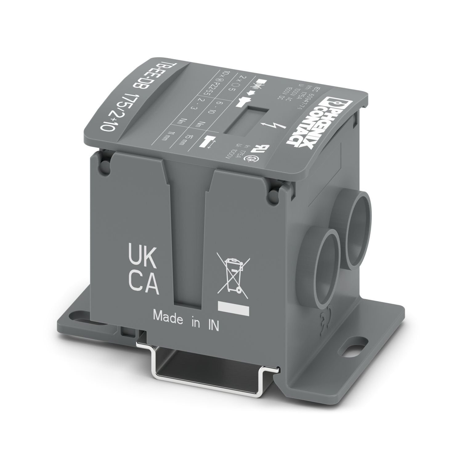 Distribution block, nom. voltage: 1000 V, nominal current: 150 A, Thermal continuous current I th : 175 A, number of connections: 12, number of positions: 1, connection method: Screw connection, Rated cross section: 50 mm 2 , Line contact, cross section: 10 mm 2 - 70 mm 2 , Screw connection, Load contact, cross section: 2.5 mm 2 - 16 mm 2 , mounting type: NS 35/7,5, NS 35/15, Direct mounting, color: dark gray