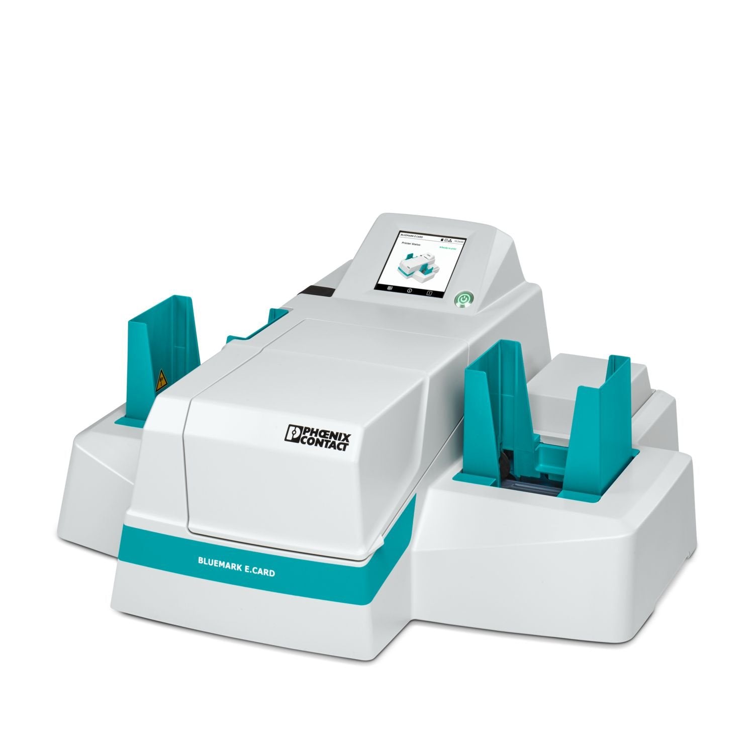 Monochrome UV inkjet card printer, with automated material processing, intuitive user guidance via the printer display, data exchange via OPC UA interface and marking software, for marking UC and UCT cards, UM strips, and metal markers.