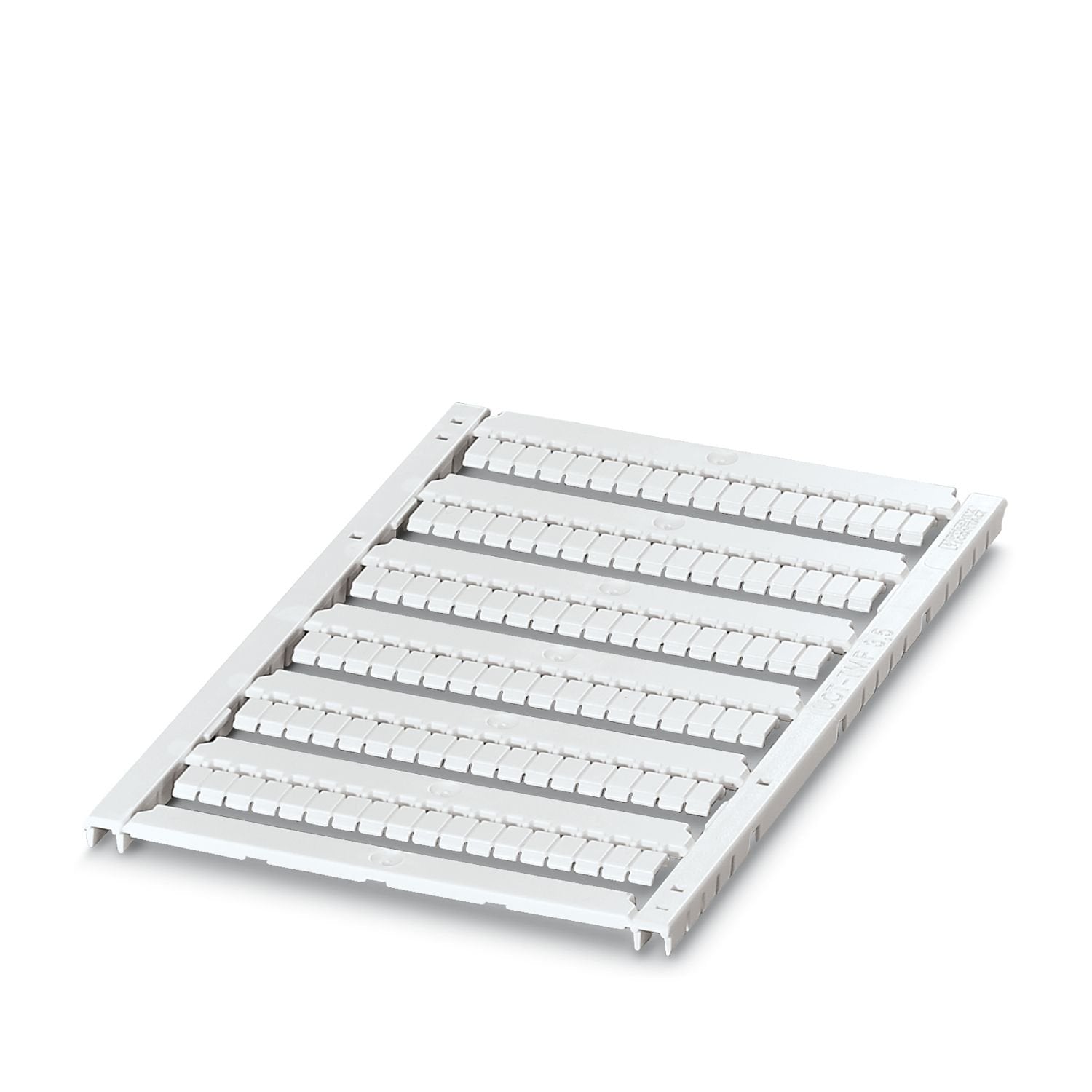 Marker for terminal blocks, can be ordered: by sheet, white, labeled according to customer specifications, mounting type: snap into flat marker groove, for terminal block width: 3.5 mm, Number of individual labels: 108, text field height: 4.7 mm, text field width: 2.7 mm