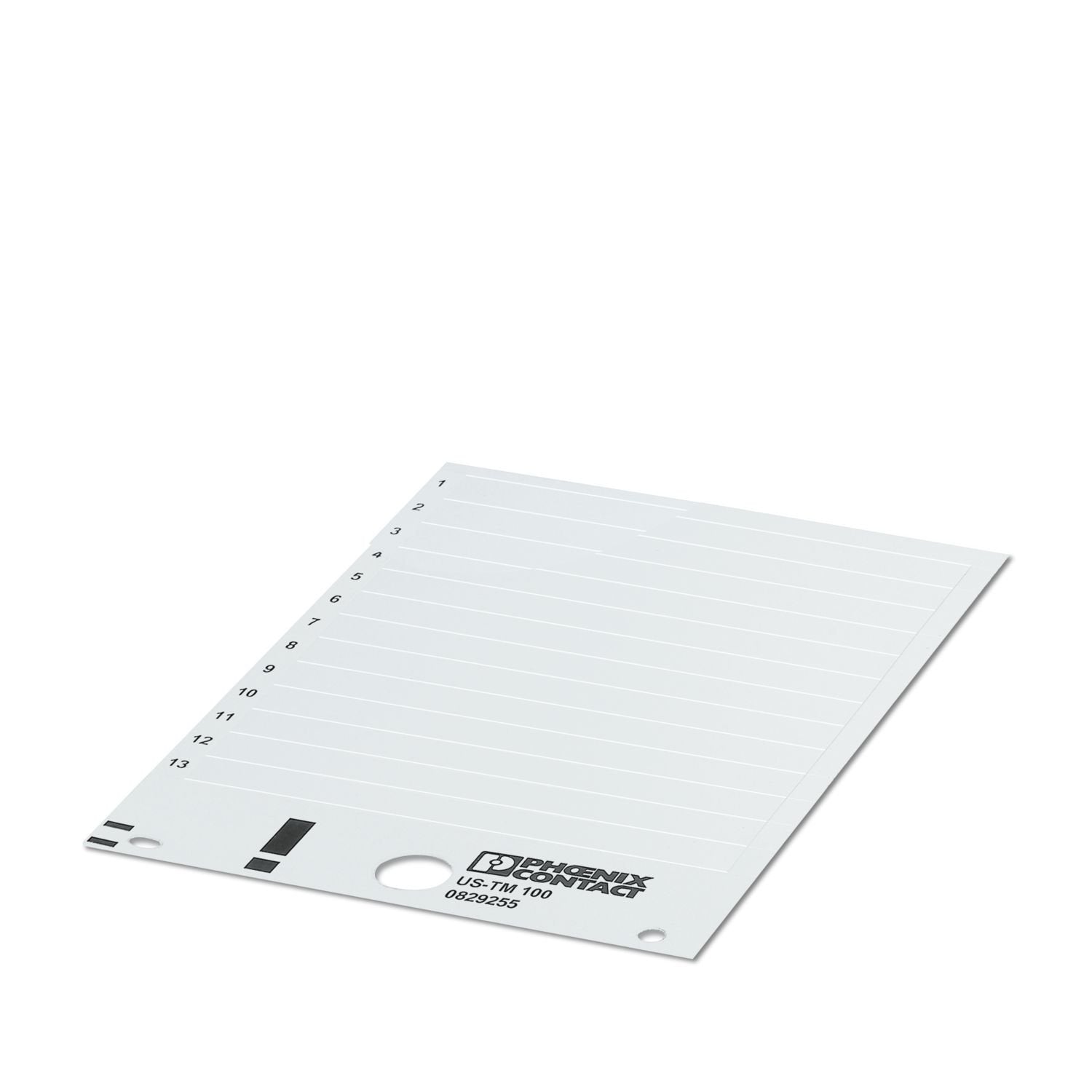 Marker for terminal blocks, Card, can be ordered: by card, white, labeled according to customer specifications, mounting type: snap into universal marker groove, Number of individual labels: 13, text field height: 9.8 mm, text field width: 104 mm