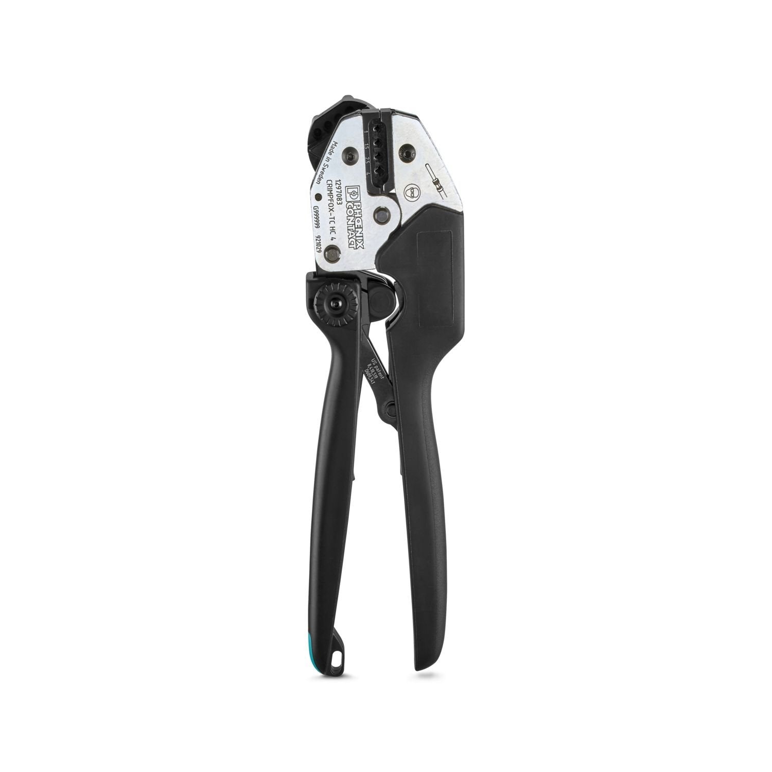 Crimping pliers, for CK 1,6-ED..., CK 2,5-ED..., CK 4,0-ED... turned contacts, 4 marked die stations, unlockable pressure lock, lateral entry, incl. positioning tool