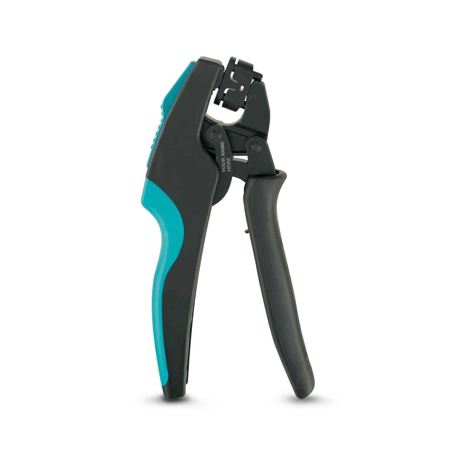 Crimping pliers, laser marked according to customer specifications, contact connection type: Insulated and uninsulated ferrules, standards/specifications: DIN 46228-1, DIN 46228-4, UL 486F, form A, E, F, min. cross section: 0.14 mm 2 , max. cross section: 10 mm 2 , for TWIN ferrules up to 2 x 4 mm 2 , automatic cross section adjustment, rotating die, lateral and frontal insertion, compression: Trapezoidal crimp, black