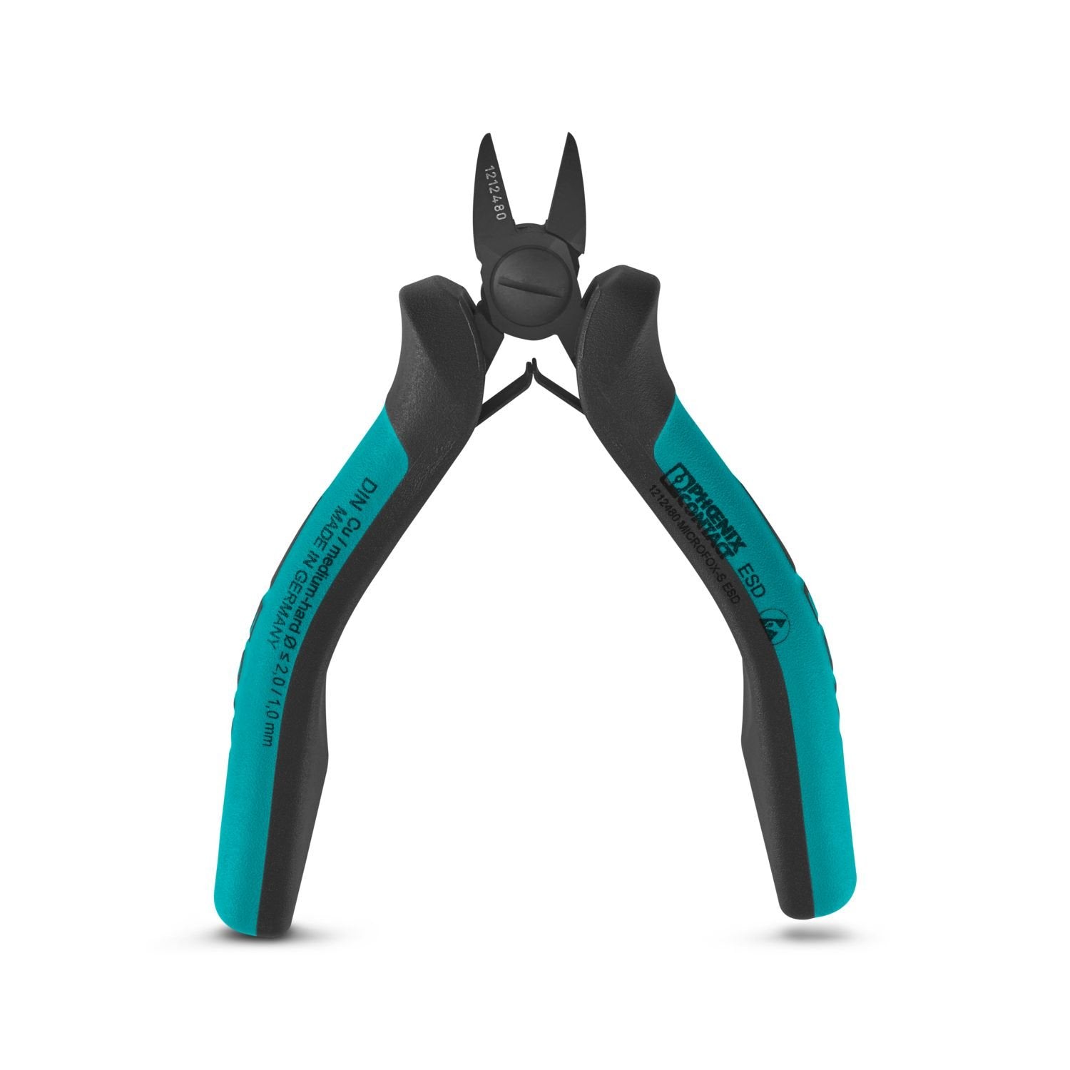 ESD electronic diagonal cutter, round head, without chamfer, with opening spring, non-reflective coating and phosphate-treated, 2-component grip, cutting capacity: soft 0.2 - 2.0 mm; medium hard 1 mm diameter
