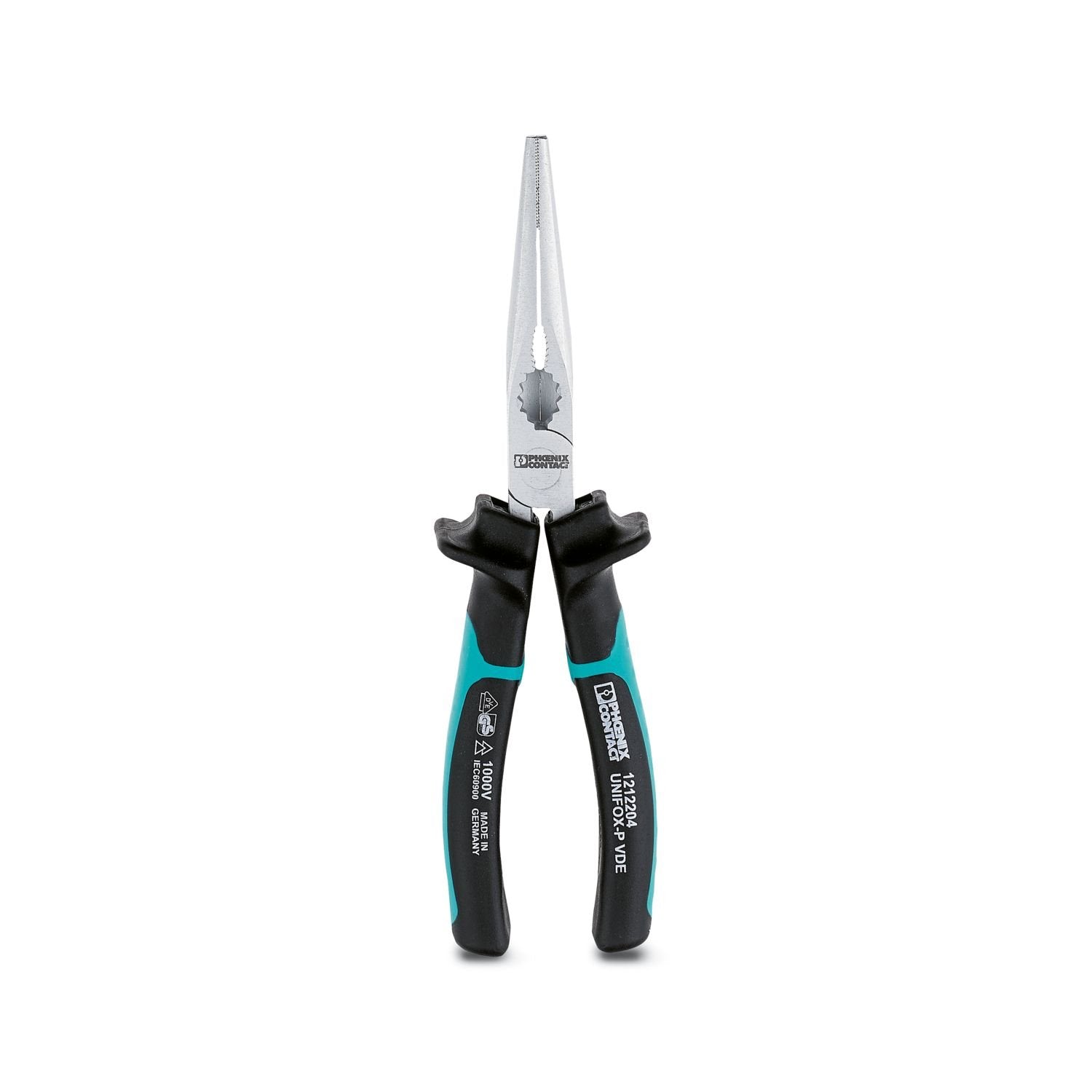 Needle-nose pliers with blade, notched grip area, VDE 1000 V AC/1500 V DC tested