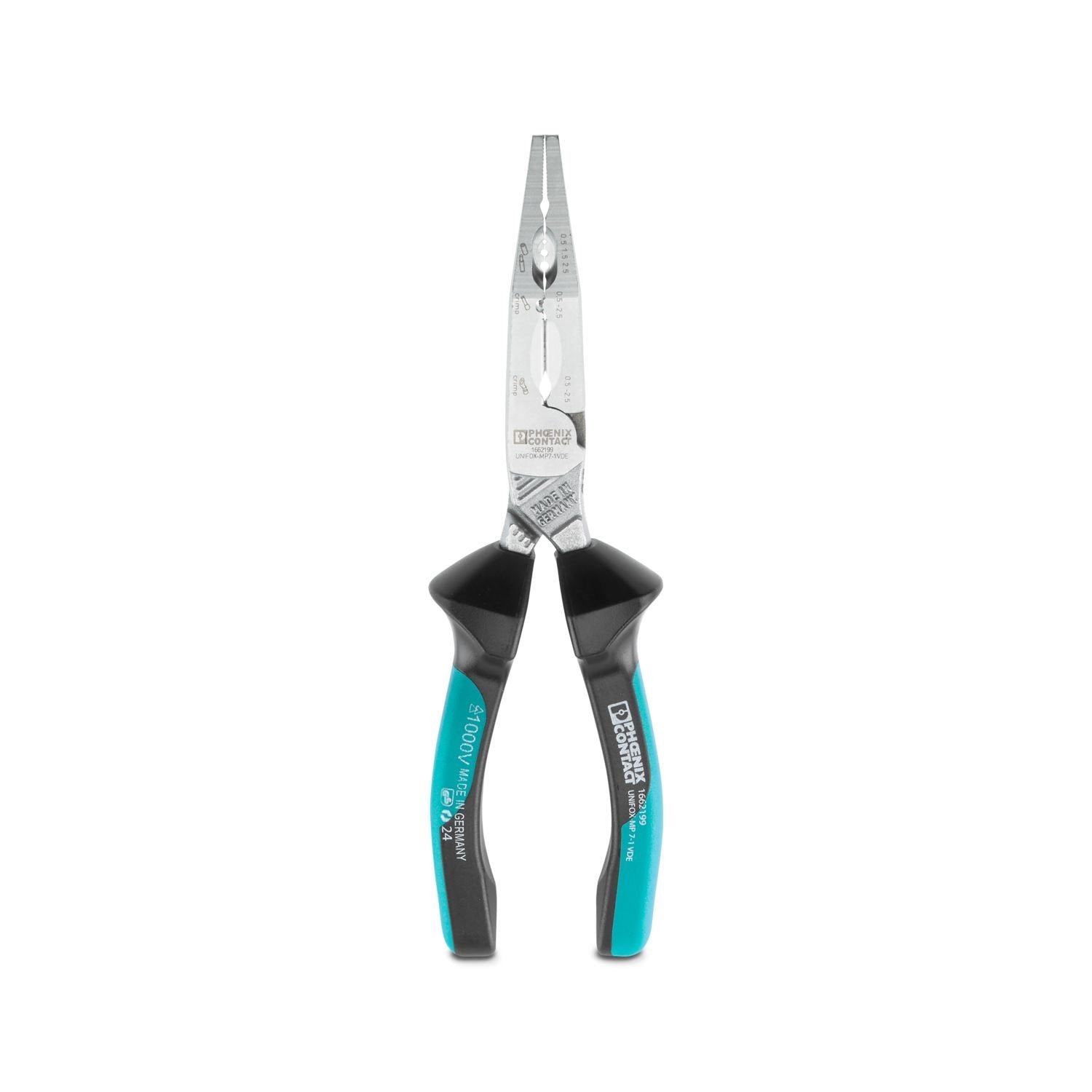 Multifunctional pliers, 7 functions in one tool, with stripping and crimping area for ferrules and insulated ring cable lugs, with diagonal cutter, VDE tested, packaging type: with holder for sales display (backcard)