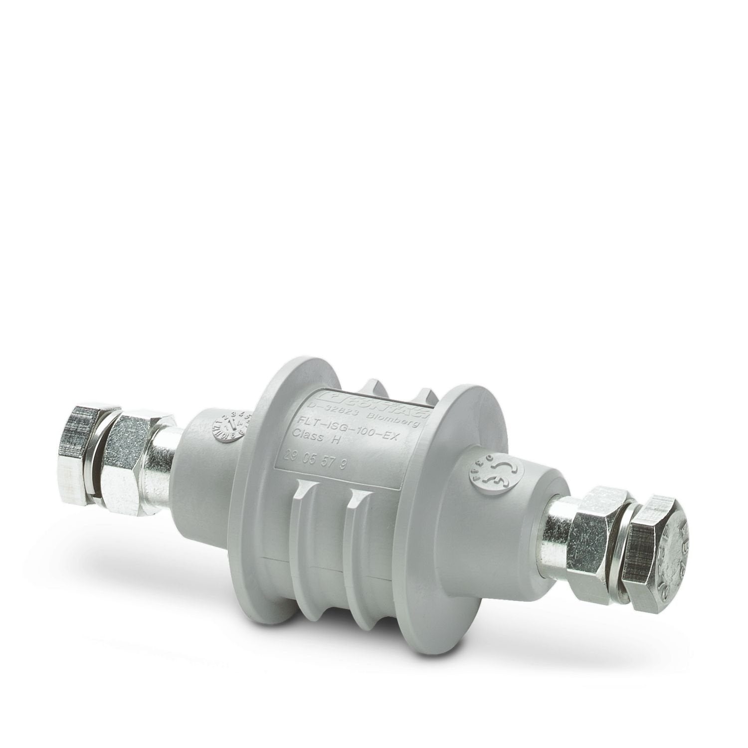 Isolating spark gap for the hazardous area with plastic sleeve and M10 connection thread screws. For indirect connection/grounding of operationally isolated system parts in the event of lightning.