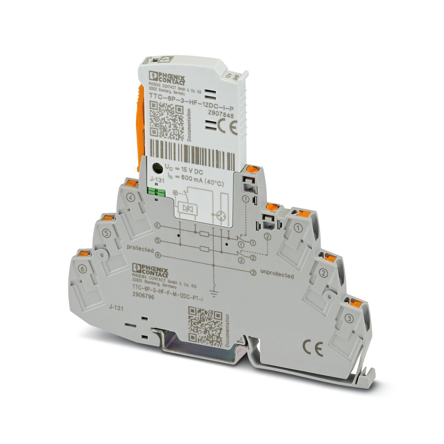 Surge protection, consisting of protective plug and base element, with integrated status indicator and knife disconnection for three signal wires with common reference potential. For HF applications and telecommunications interfaces without supply voltage. Indirect grounding via gas discharge tube, EX e approval for zone 2. Can be used in safety-related circuits up to SIL 3.