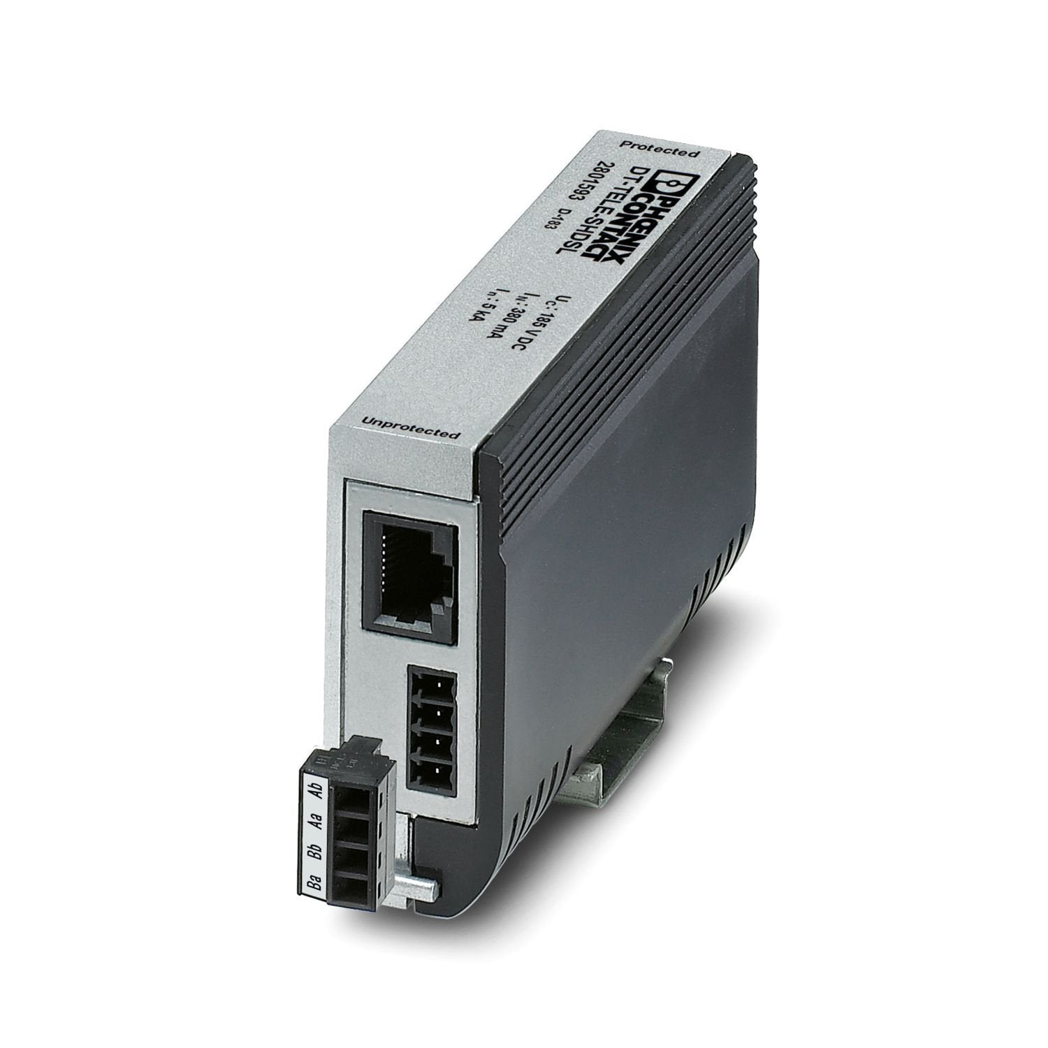 Attachment plug with surge protection for two SHDSL telecommunications interfaces (ports). Connection: RJ45 (RJ12/RJ11) and plug-in screw terminal block (COMBICON). Alternatively, can be snapped onto a DIN rail.