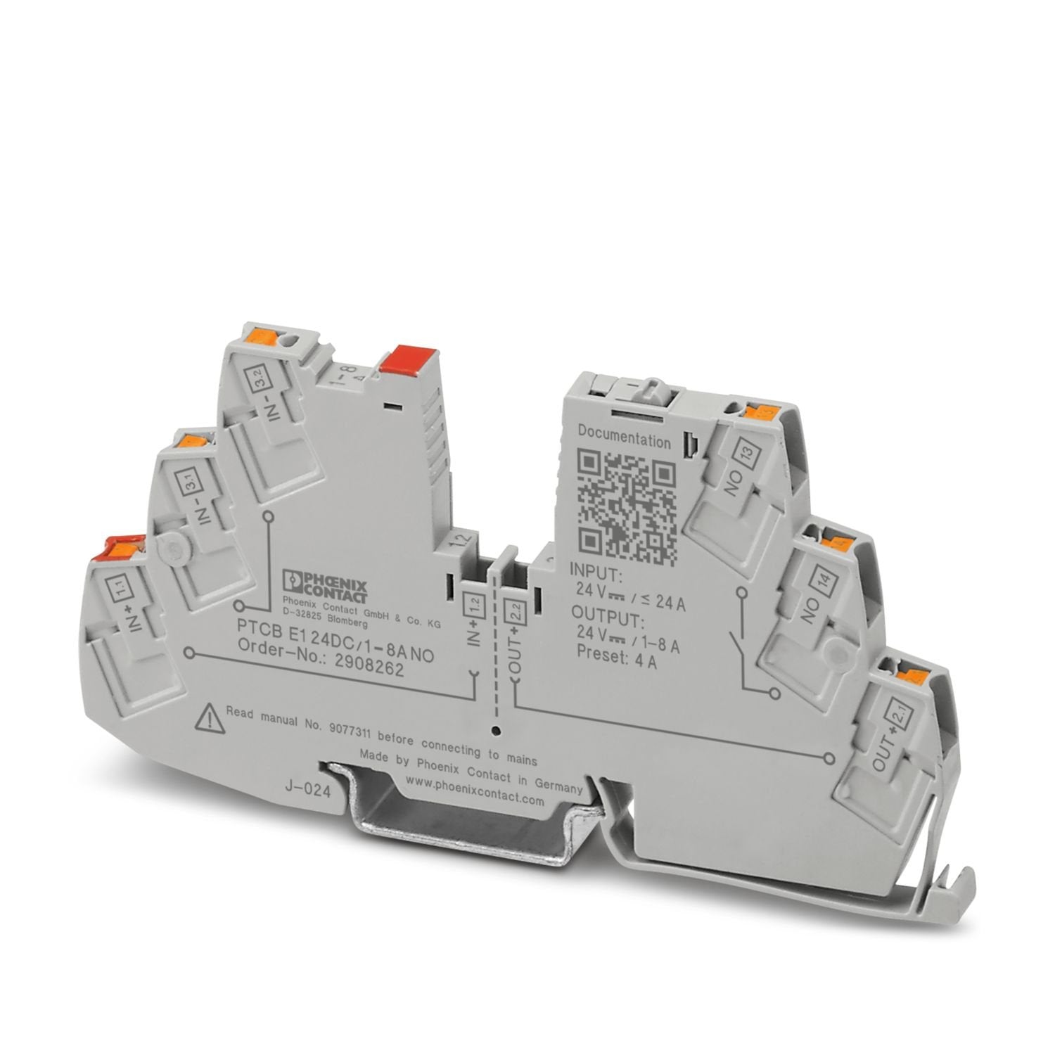 1-channel, electronic circuit breaker for protecting loads at 24 V DC against overload and short circuit. Easy potential distribution with components from the CLIPLINE complete terminal block system. With electronic interlock of the set nominal currents. For installation on DIN rails.