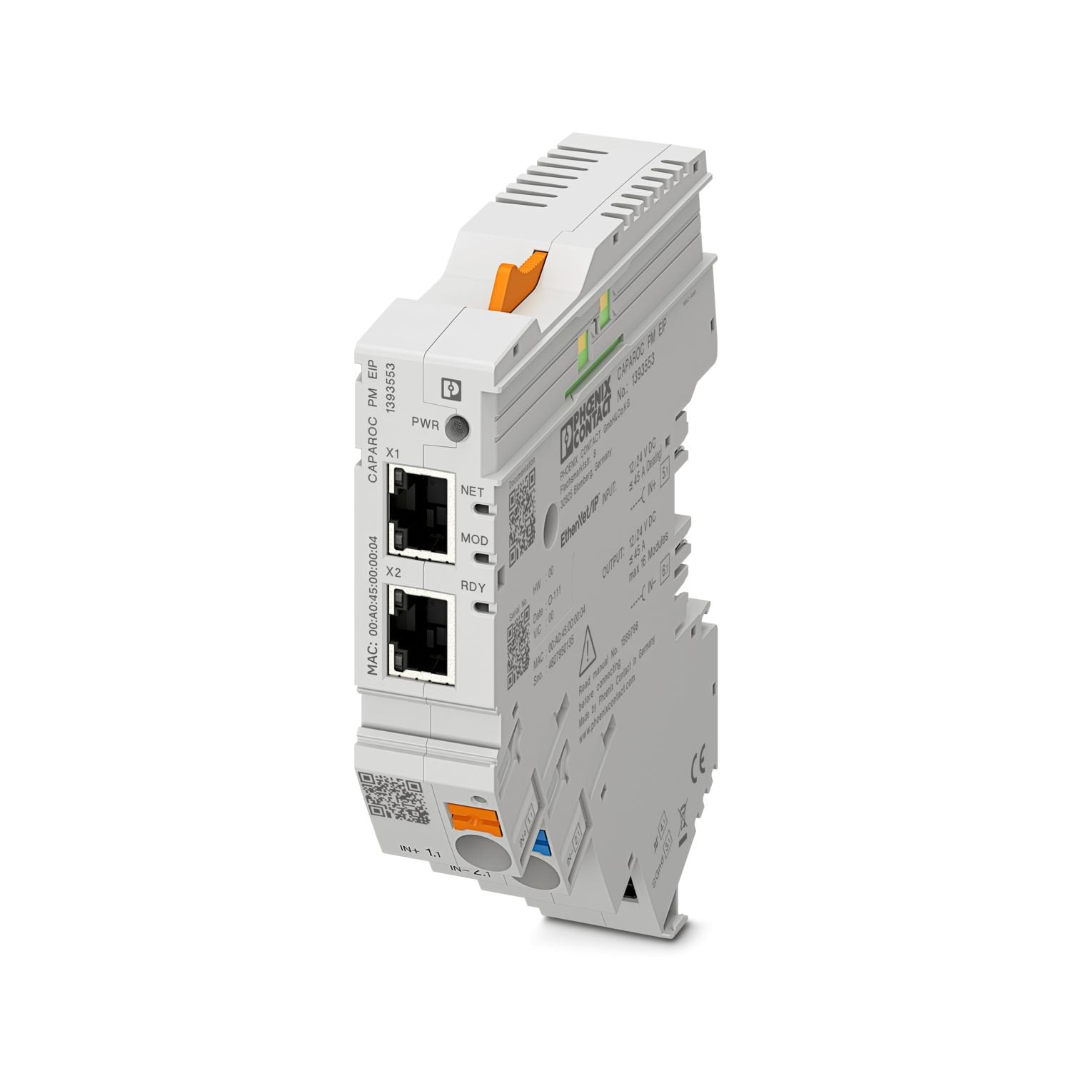 Power module with EtherNet/IP™ interface for supplying the CAPAROC circuit breaker system with 12 V DC or 24 V DC. Additional system interface for communication with the power supply. For DIN rail installation via the CAPAROC current rails.