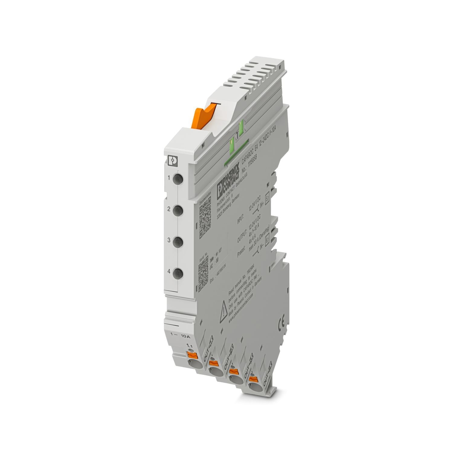 Four-channel electronic circuit breaker module for protecting 12 and 24 V DC loads against overload and short circuit. Nominal current adjustable from 1 A to 10 A via LED button. For DIN rail installation via the CAPAROC current rails.
