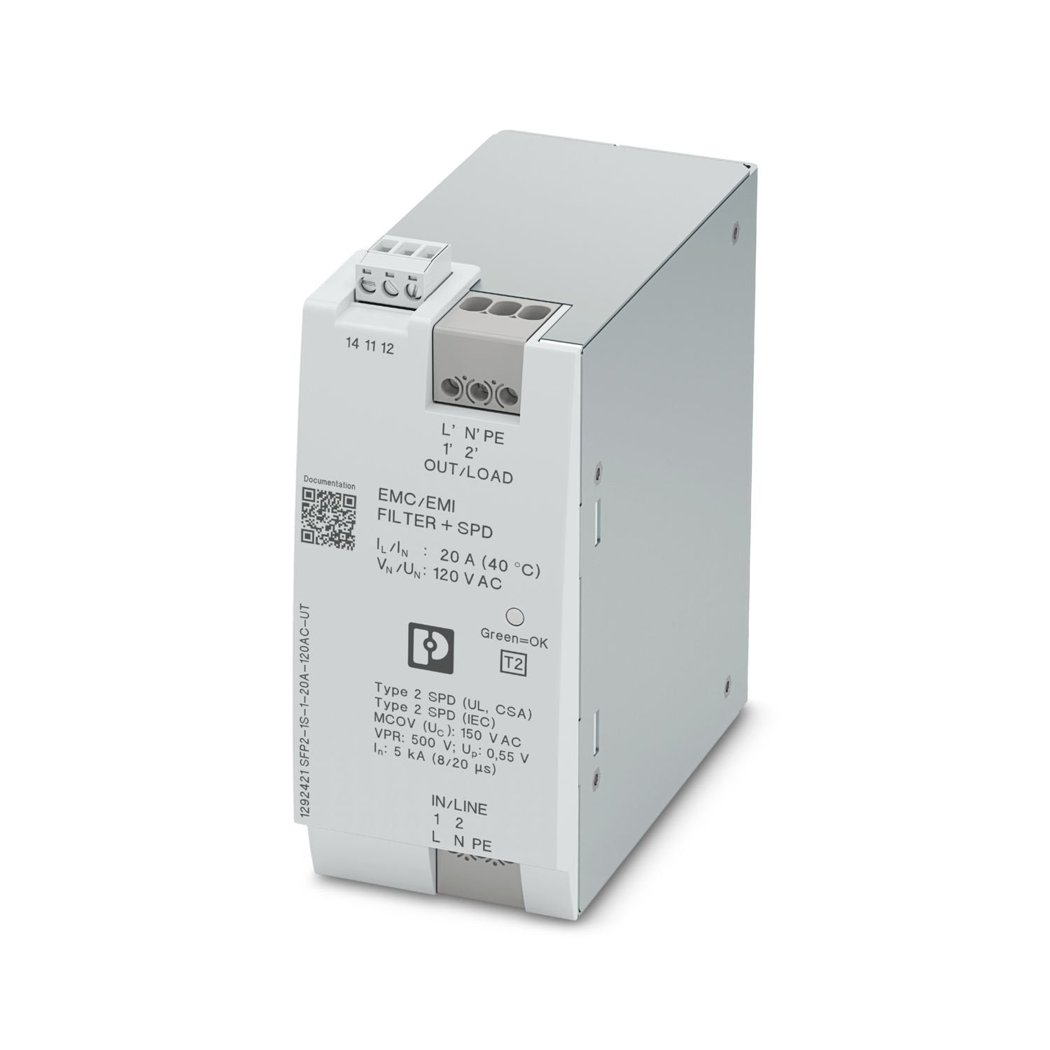 EMC filter (mains filter) for 1-phase AC systems, for mounting on NS 35, integrated surge protective device (UL Type 2CA SPD, IEC Type 2 SPD), nominal voltage: 120 V AC, nominal current: 20 A