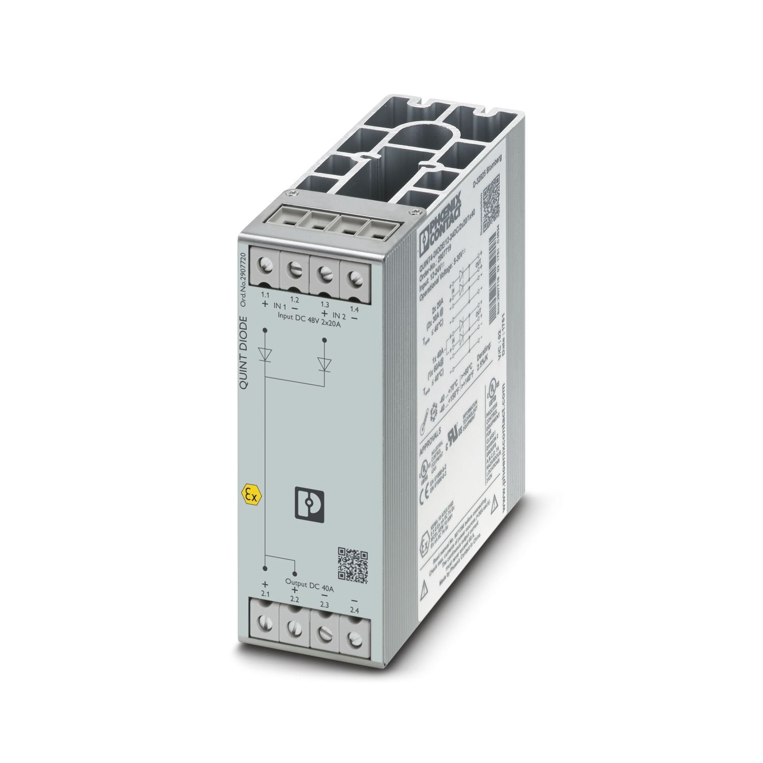 DIN rail diode module 48 V DC/2x20 A or 1x40 A. Uniform redundancy up to the consumer.