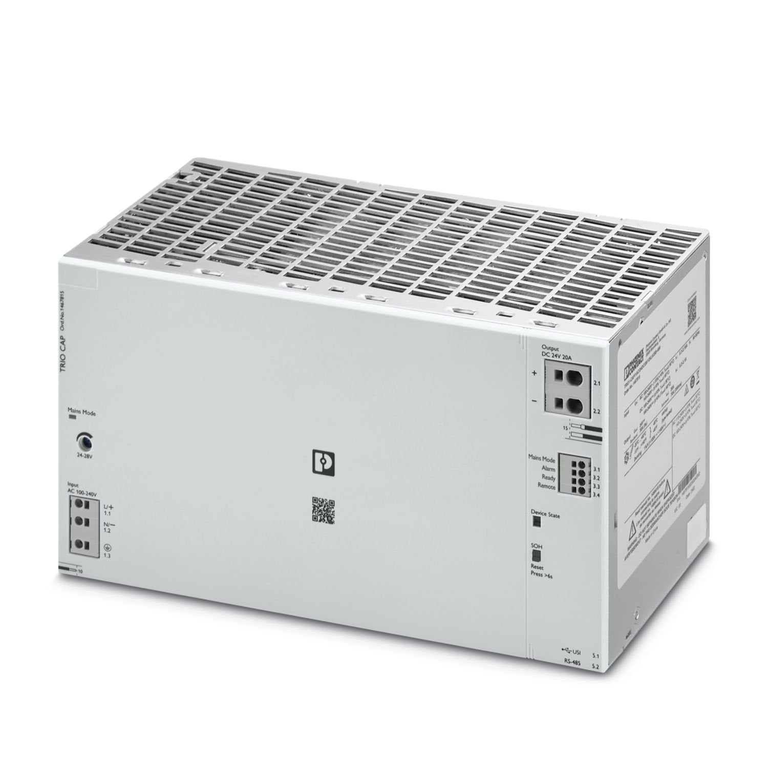 TRIO capacity module, with maintenance-free energy storage based on double-layer capacitor, USI (Universal Service Interface), DIN rail mounting, input: 230 V AC, input:1-phase, output: 24 V DC / 20 A / 12 kJ incl. mounted UTA 107 universal DIN rail adapter
