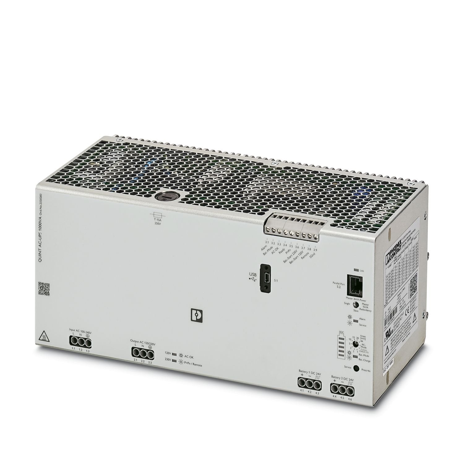 Uninterruptible power supply with IQ technology for DIN rail mounting. Input: 120/230 V AC, output: 120/230 V AC/1 kVA. Provides information regarding the state of charge, remaining runtime, and service life of the rechargeable battery module at any time, thereby increasing system availability.