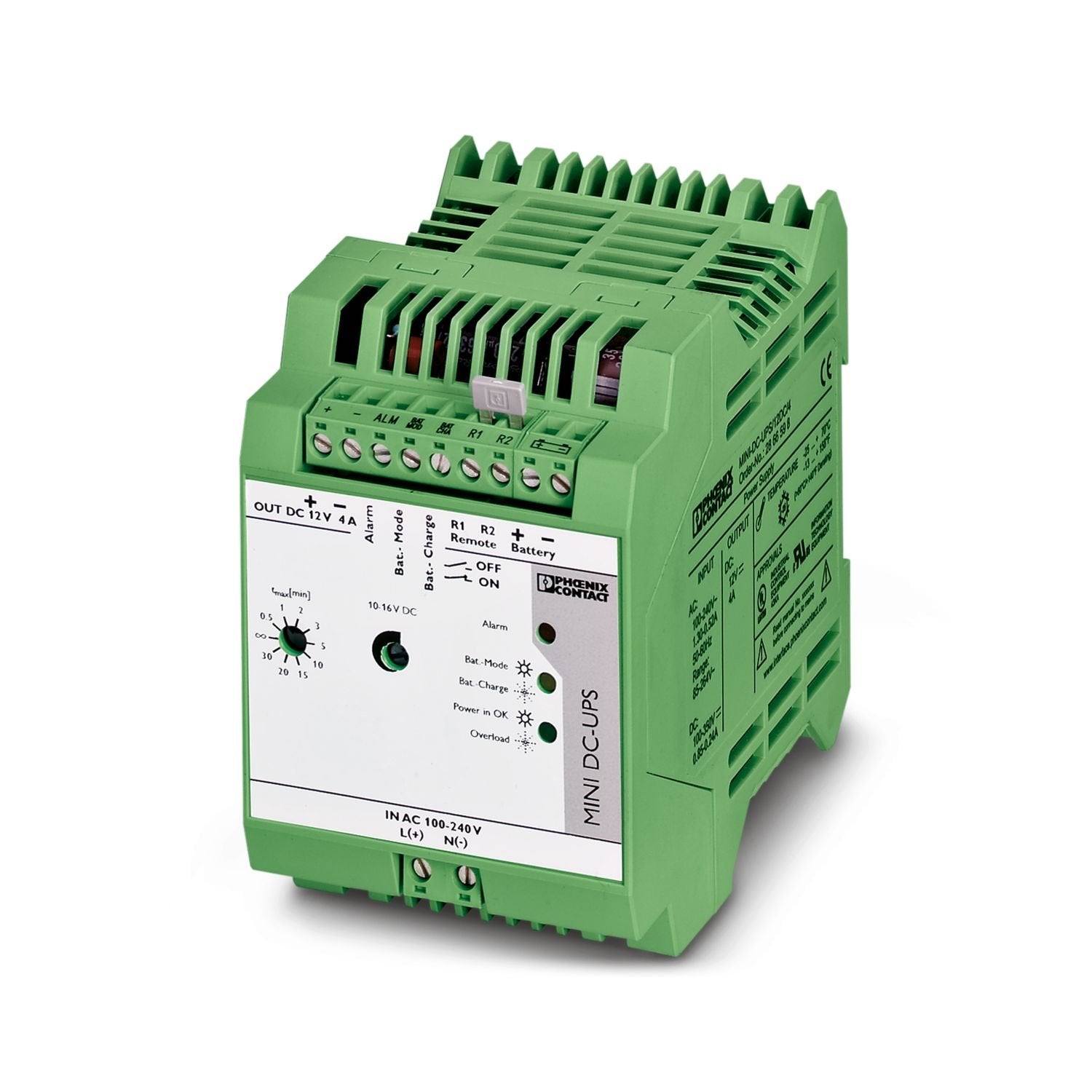 Uninterruptible power supply with integrated power supply unit, 4 A, in combination with MINI-BAT/12/DC 1.6 Ah or 2.6 Ah