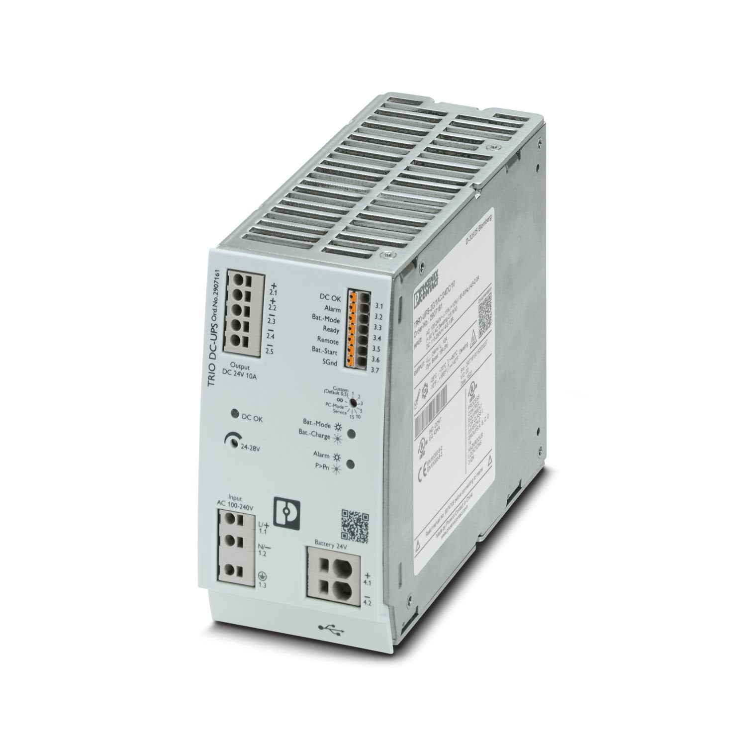 TRIO UPS - UPS with integrated power supply, USB (Modbus/RTU), DIN rail mounting, Push-in connection, input: 1-phase, output: 24 V DC / 10 A