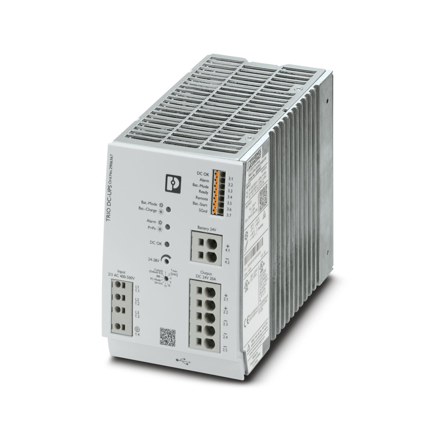 TRIO UPS - UPS with integrated power supply, USB (Modbus/RTU), DIN rail mounting, Push-in connection, input: 3-phase, output: 24 V DC / 20 A