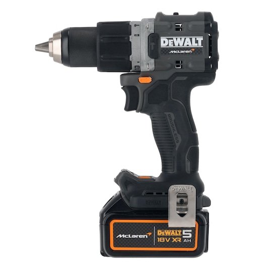 DEWALT/McLaren Drill Driver with 18V XR 5Ah battery right side view