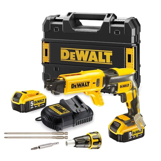 Kit includes DCF620 18V XR Brushless Drywall Screwdriver, x2 DCB184 5.0Ah batteries, DCB1104 charger, magnetic extender, x3 screwdriver bits and single nose cone and storage box
