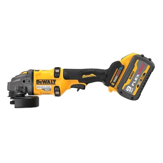 DEWALT 4-1/2" - 6" Side Handle Detect Small Angle Grinder with FLEXVOLT Battery viewed straight on showing the front side on white background