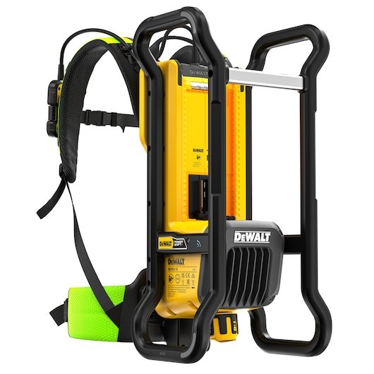 3/4 view Powershift Backpack Concrete Vibrator with green harness