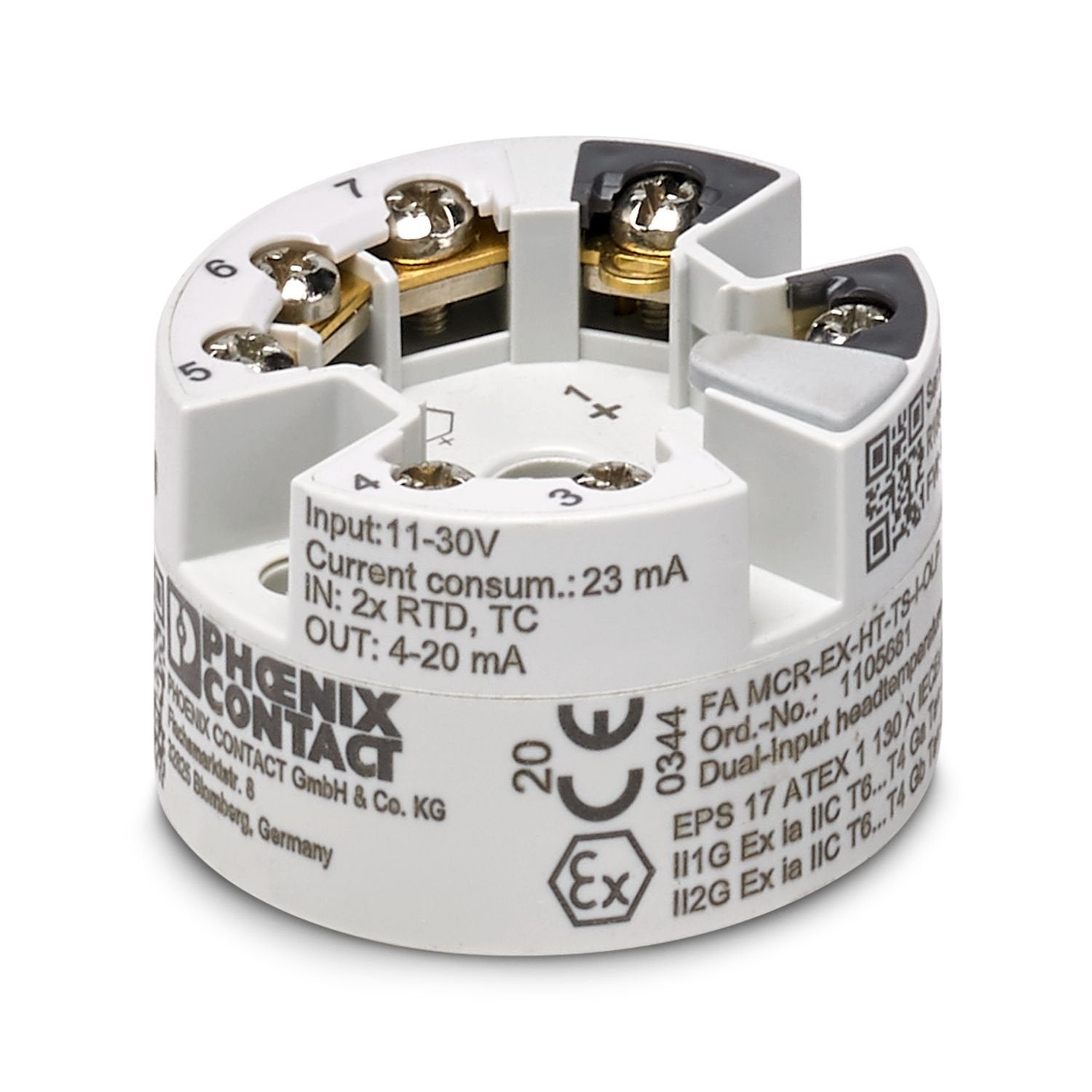 Ex i-Output loop-powered head transmitter for transmitting up to 2 sensor signals from RTD and TC sensors as well as from resistance and voltage sensors via 4 mA ... 20 mA. HART, Standard configuration, Safety Integrity Level (SIL, IEC 61508): 2, Systematic Capability: 3, Screw connection