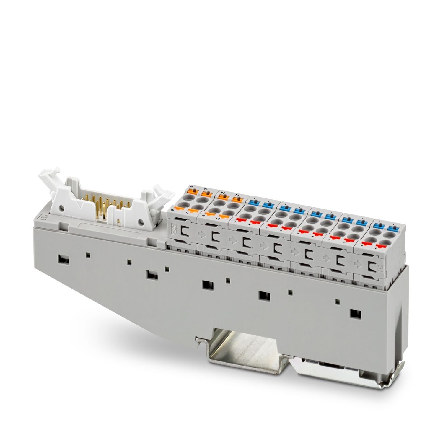VARIOFACE Front Connect, IDC/FLK termination board for the system cabling with Push-in front connections for 8 channels and additional positive and negative potential terminal blocks for 3-conductor initiator connection, number of positions: 14, overall width: 19 mm
