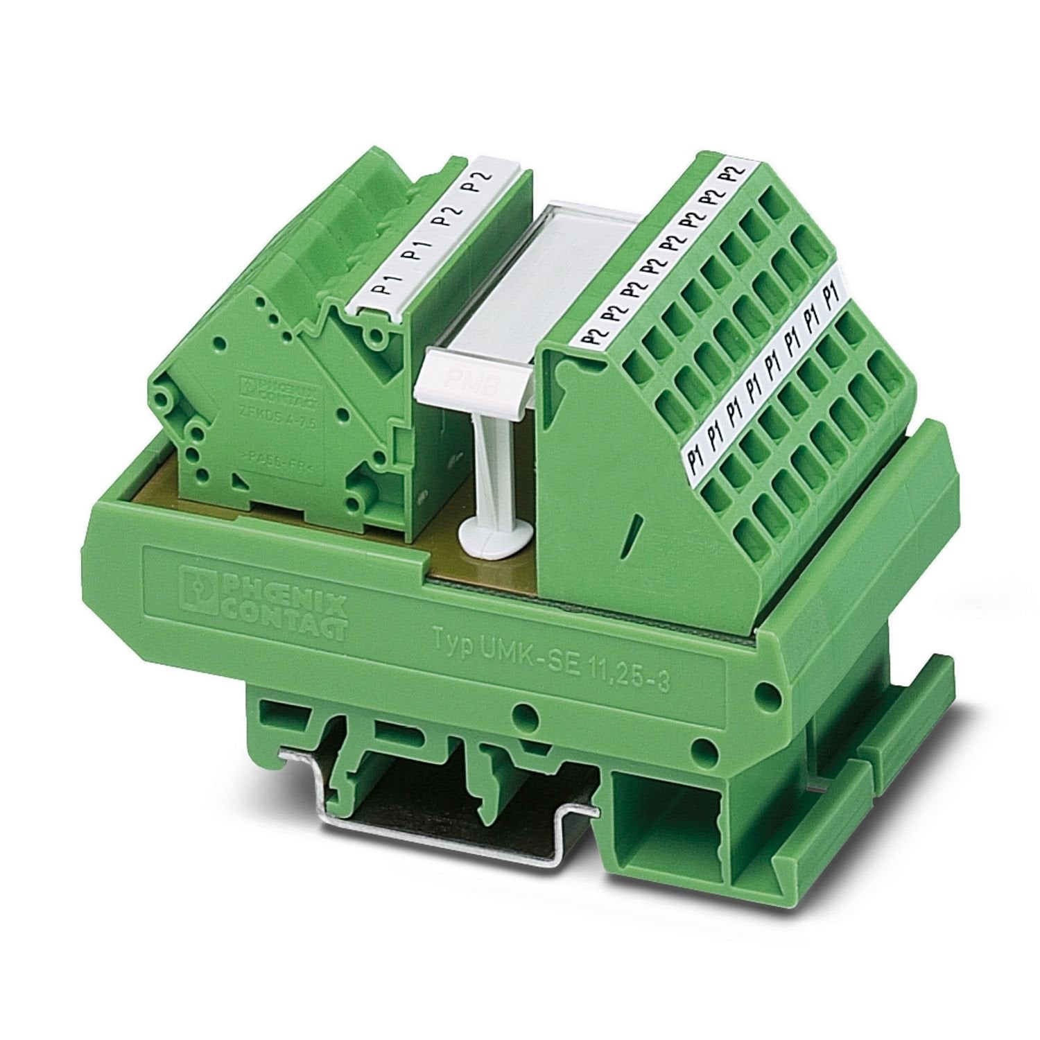 VARIOFACE module, with two equipotential busbars (P1, P2) for potential distribution, for mounting on NS 32 or on NS 35/7.5
