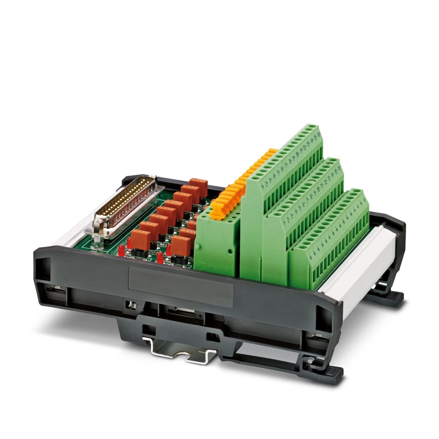 16-channel module for Honeywell C300 analog output cards with disconnect, test points, socketed 500 mA fuses and fuse status indicator.