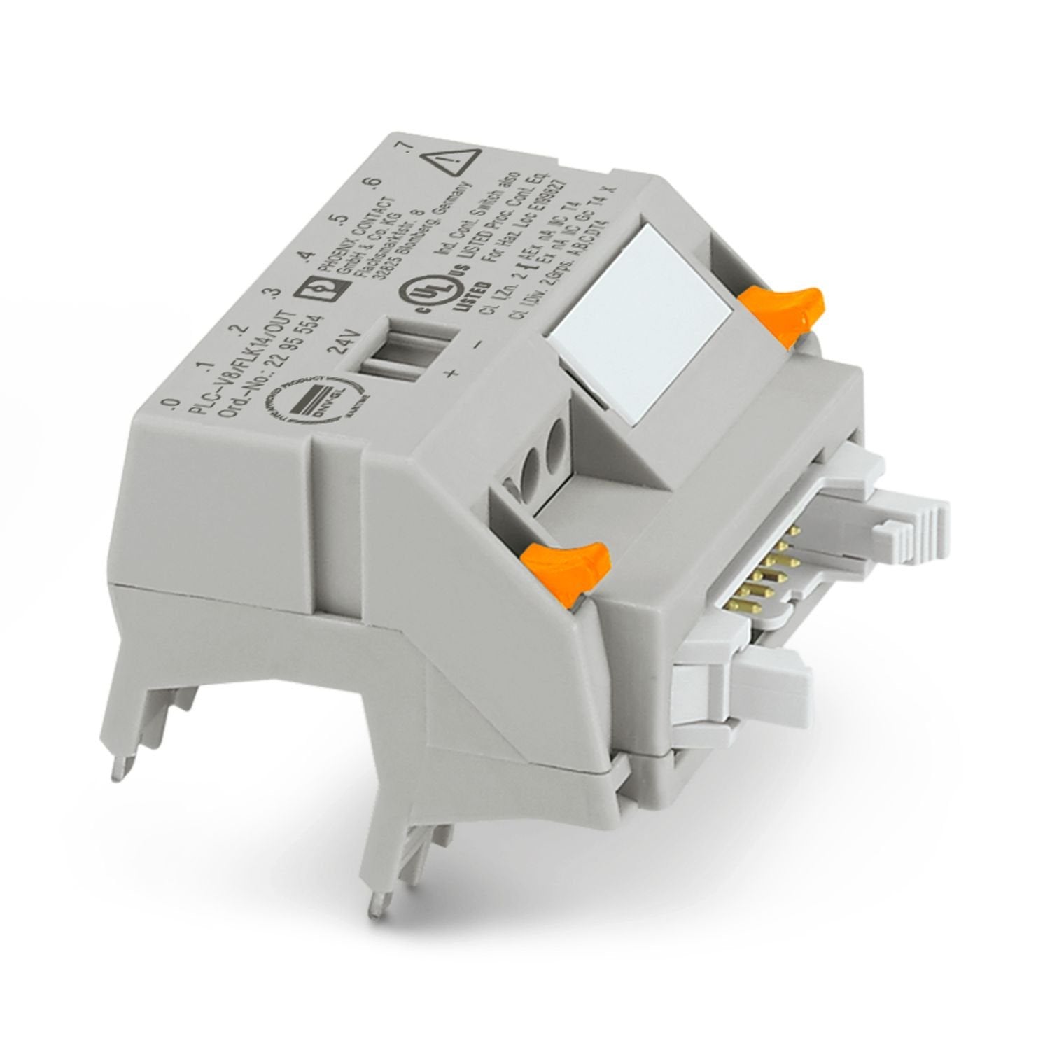 V8 adapter for 8 x PLC-INTERFACE (6.2 mm), controller: PLC system cabling of output cards, connection 1: IDC/FLK pin strip 1x 14-position, connection 2: Plug-in connection (Can be snapped onto 8x PLC-INTERFACE terminals), connection 3: Screw connection 1x 2-position, number of channels: 8, control logic: positive switching