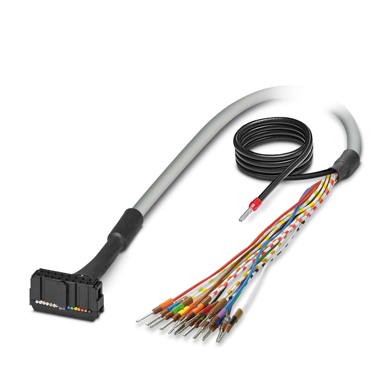 Round cable set; connection 1: Single wires (16-position) (The wires are marked and fitted with ferrules); connection 2: IDC/FLK socket strip (1x 16-position); cable length: variable