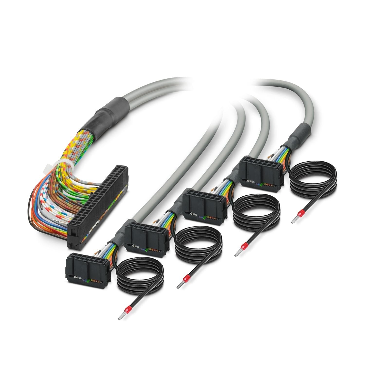 Assembled shielded round cable; connection 1: IDC/FLK socket strip (1x 50-position); connection 2: IDC/FLK socket strip (4x 14-position) (The braided shield is routed to four separate cable ends.); cable length: variable