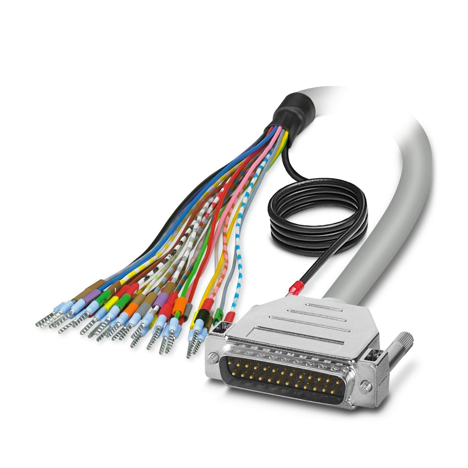 Assembled shielded round cable; connection 1: Single wires (25-position) (The wires are marked and fitted with ferrules. The braided shield is routed to a separate cable end.); connection 2: D-SUB pin strip (1x 25-position); cable length: 1 m
