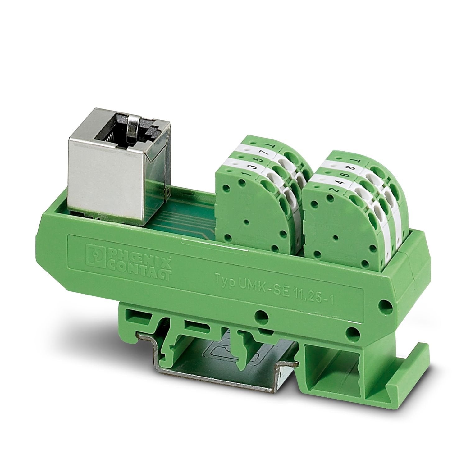 VARIOFACE module for connecting a RJ45 socket with spring-cage double connection terminal blocks in direct plug-in method.