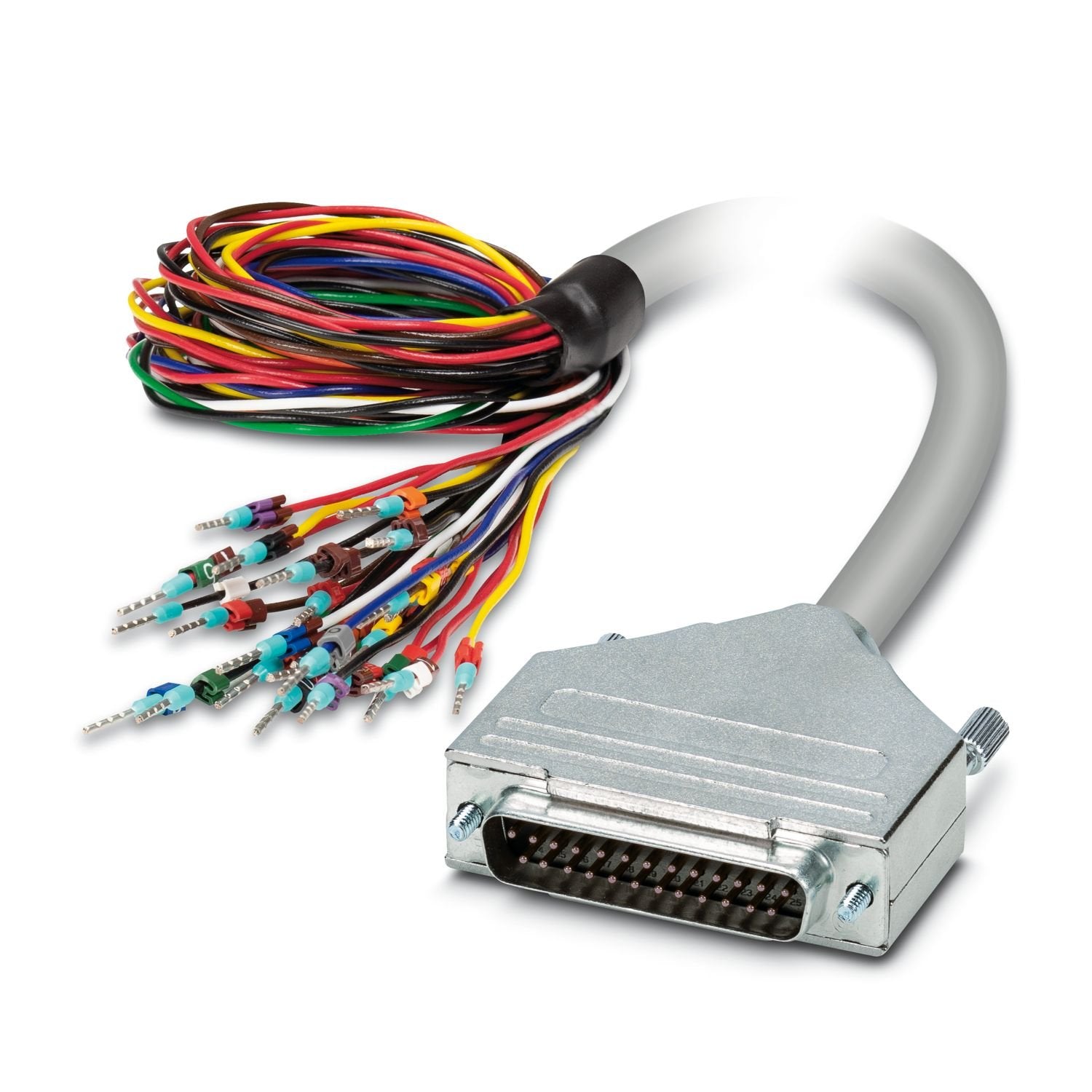 Assembled shielded round cable; connection 1: Twisted pair (25-position) (The wires are marked and fitted with ferrules); connection 2: D-SUB pin strip (1x 25-position); cable length: 1 m