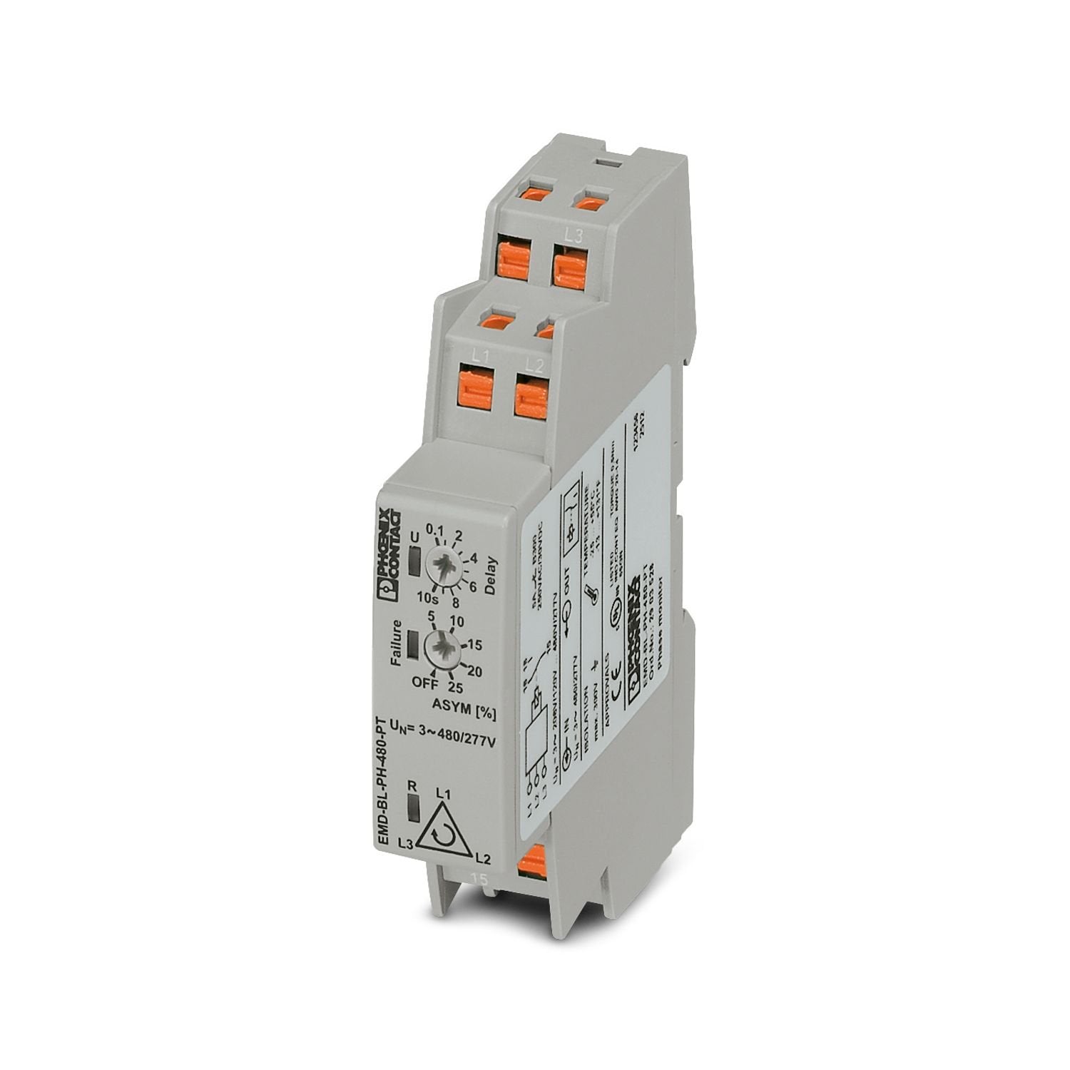 Monitoring relay for monitoring the phase sequence and asymmetry of 3-phase voltages at 208 ... 480 V AC / 120 ... 277 V AC, configurable asymmetry, 1 changeover contact, with Push-in connection