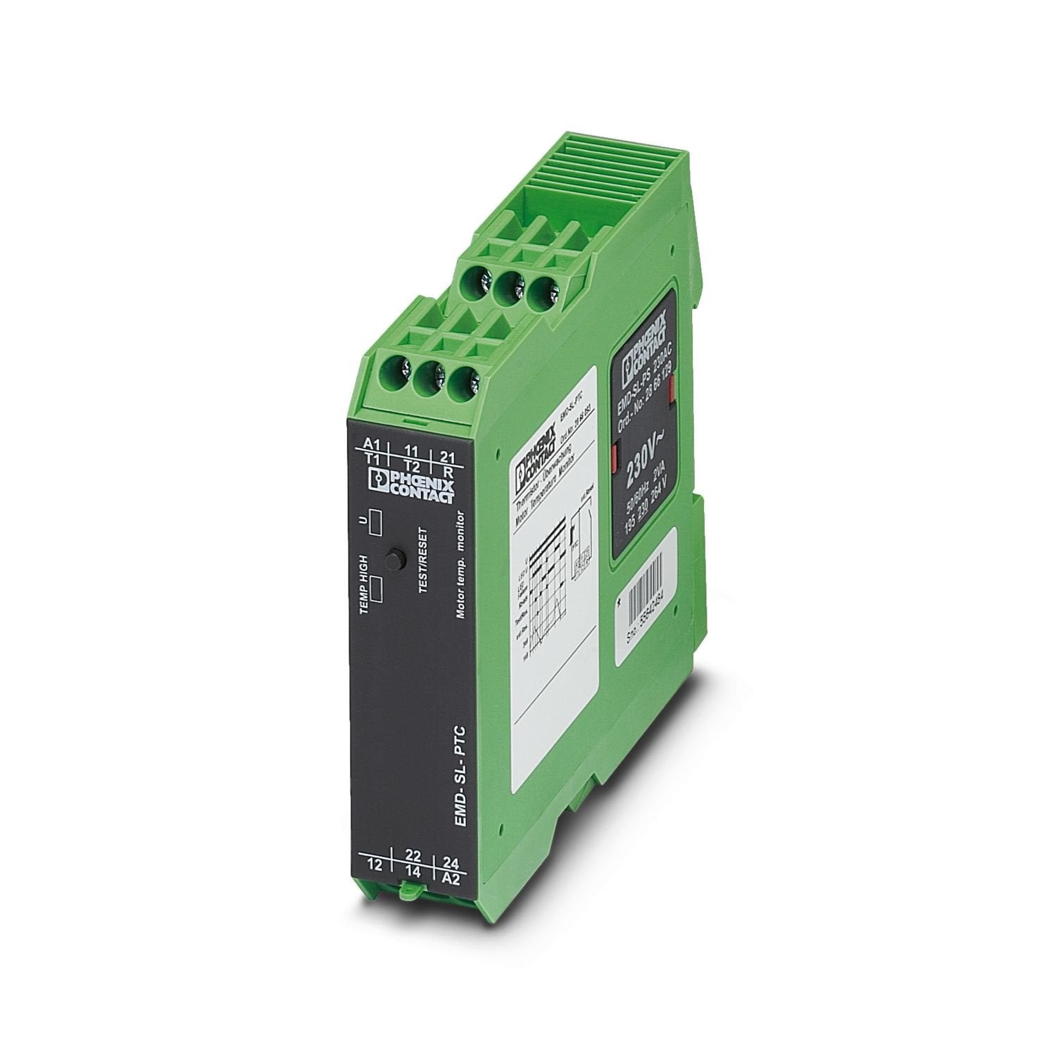 Monitoring relay for temperature monitoring of the motor winding (maximum 6 PTC) with error memory for temperature sensors in acc. with DIN 44081, test function with integrated test/reset button, supply voltage can be selected via power module, 2 changeover contacts