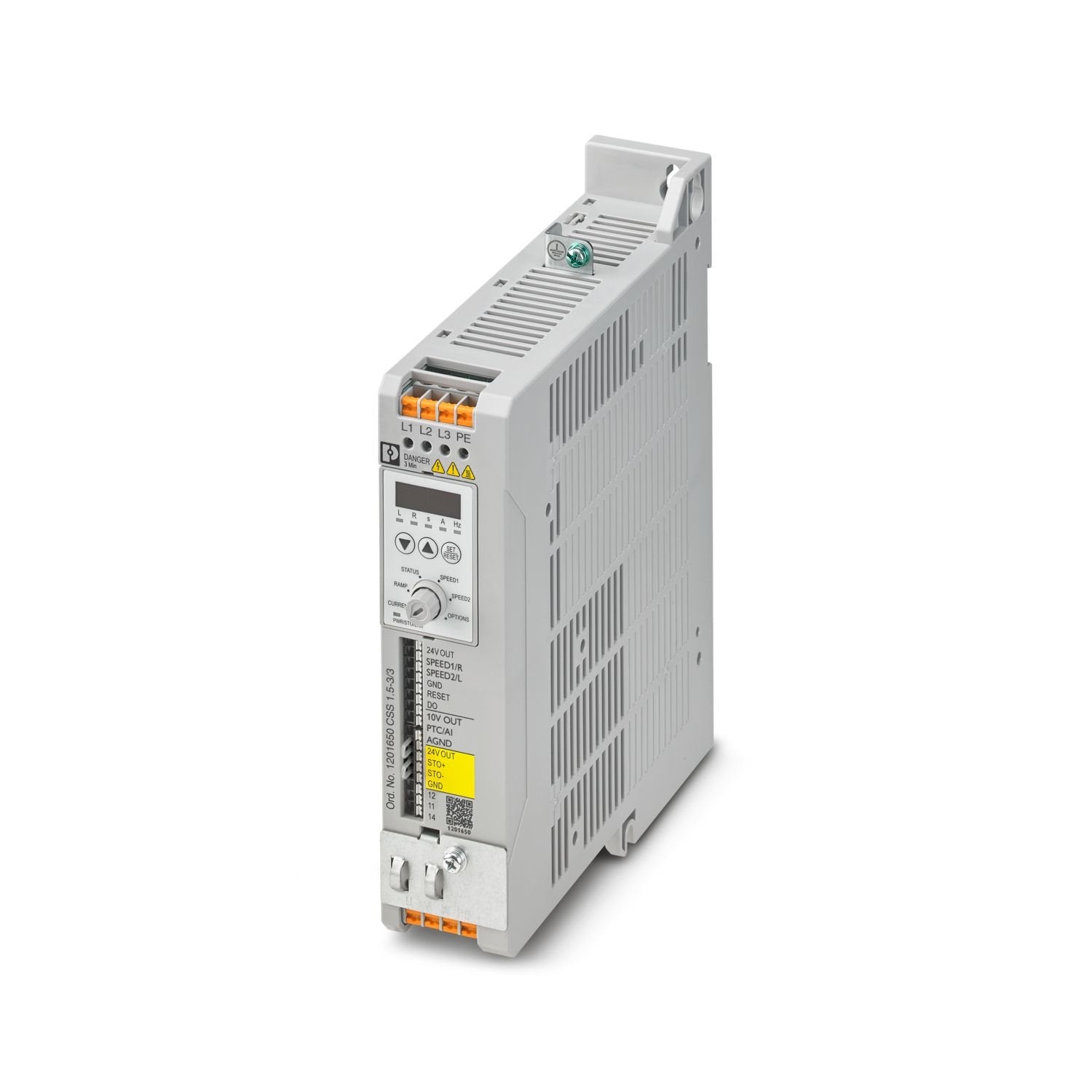 Speed starter with soft start and configurable speed for starting and reversing motors up to 480 V AC and 1.5 kW, configurable motor protection, analog input, STO function up to SIL 3/PL e, three-phase load input