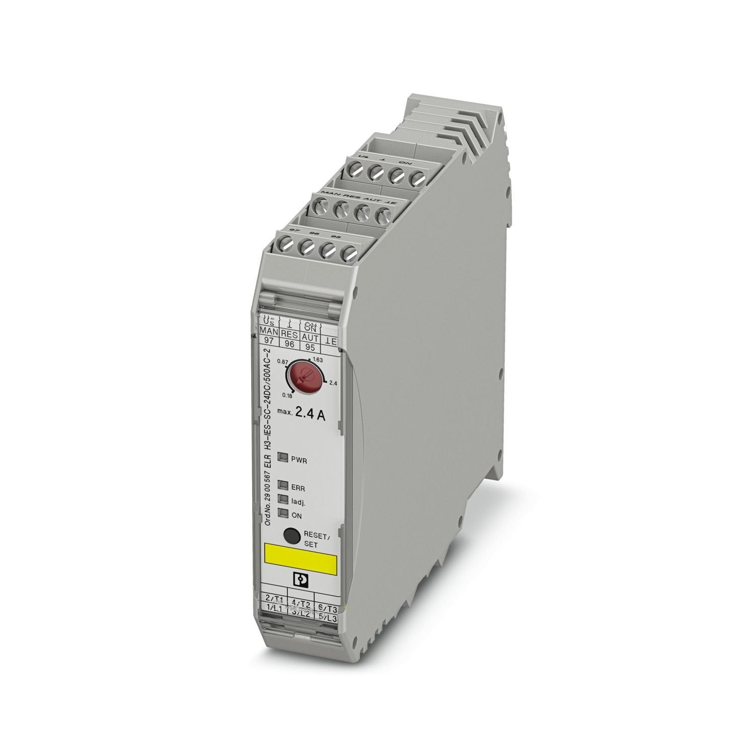 Hybrid motor starter for starting 3~ AC motors up to 500 V AC and 2.4 A output current, with 24 V DC control voltage, adjustable overload shutdown and emergency stop function to SIL 3/PL e and, screw connection.