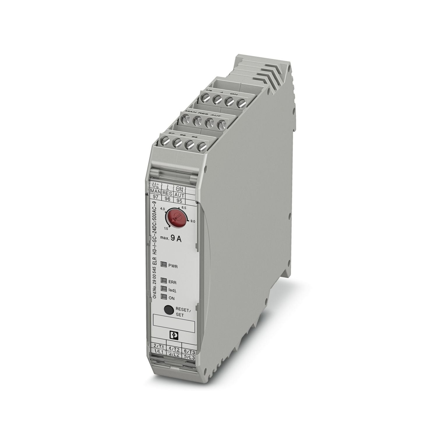 Hybrid motor starter for starting 3~ AC motors up to 500 V AC and 9 A output current, with 24 V DC control voltage, adjustable overload shutdown, and screw connection.
