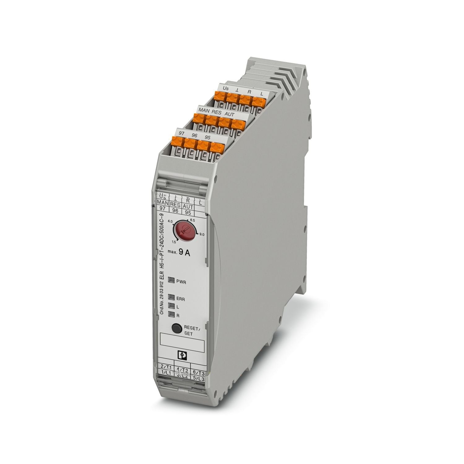 Hybrid motor starter for reversing 3~ AC motors up to 500 V AC and 9 A output current, with 24 V DC control voltage, adjustable overload shutdown, and push-in connection.