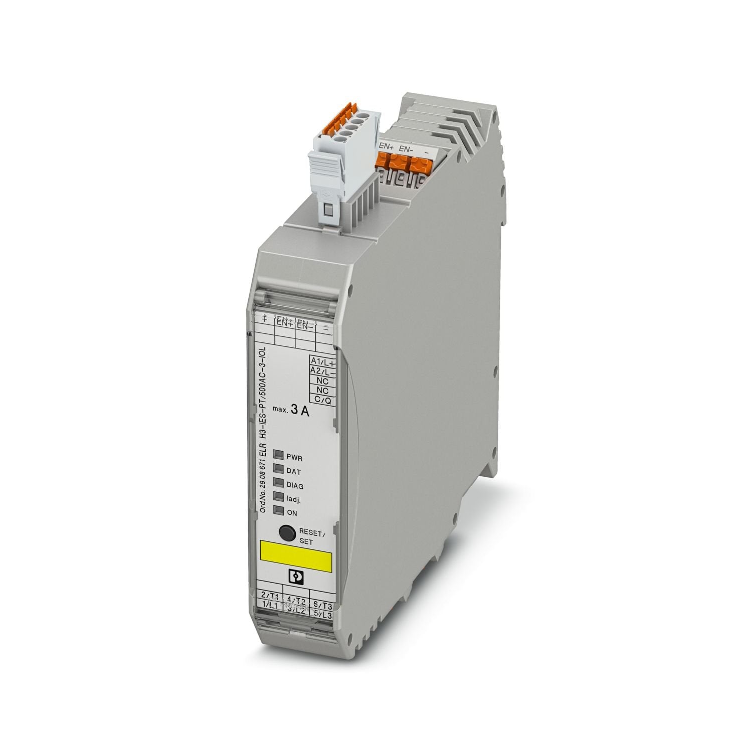 Networkable hybrid motor starter for starting 3~ AC motors up to 500 V AC and 3 A output current, with adjustable overload shutdown, emergency stop function up to SIL 3/PL e, and Push-in connection. Connection to IO-Link.