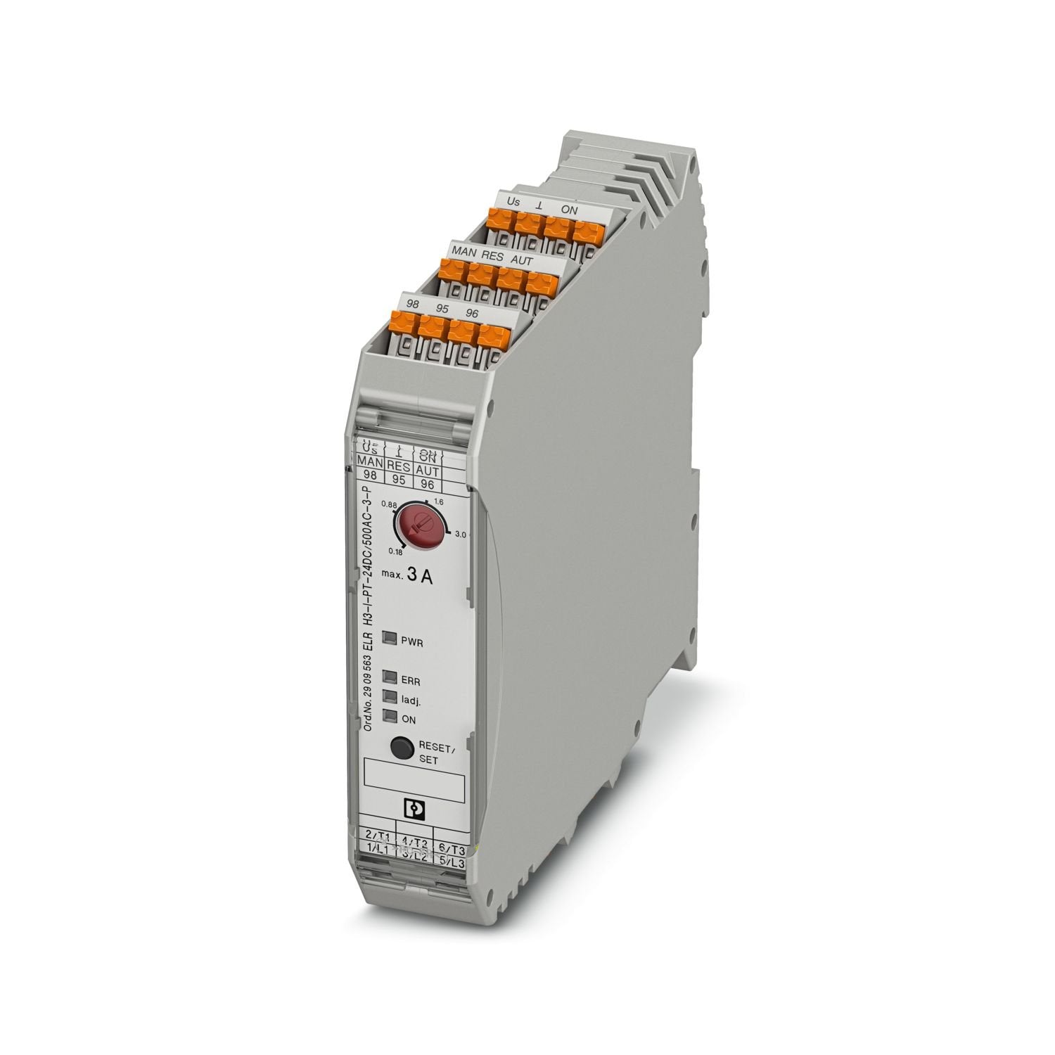 Hybrid motor starter as an alternative to a conventional contactor circuit. Starts 3~ AC motors up to 3 A and offers motor protection. Possible supply and relay extension via DIN rail connector.