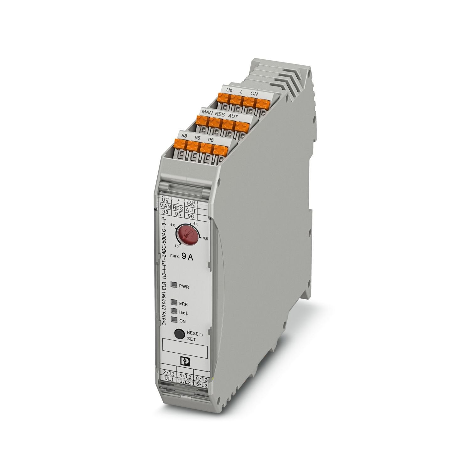 Hybrid motor starter as an alternative to a conventional contactor circuit. Starts 3~ AC motors up to 9 A and offers motor protection. Possible supply and relay extension via DIN rail connector.