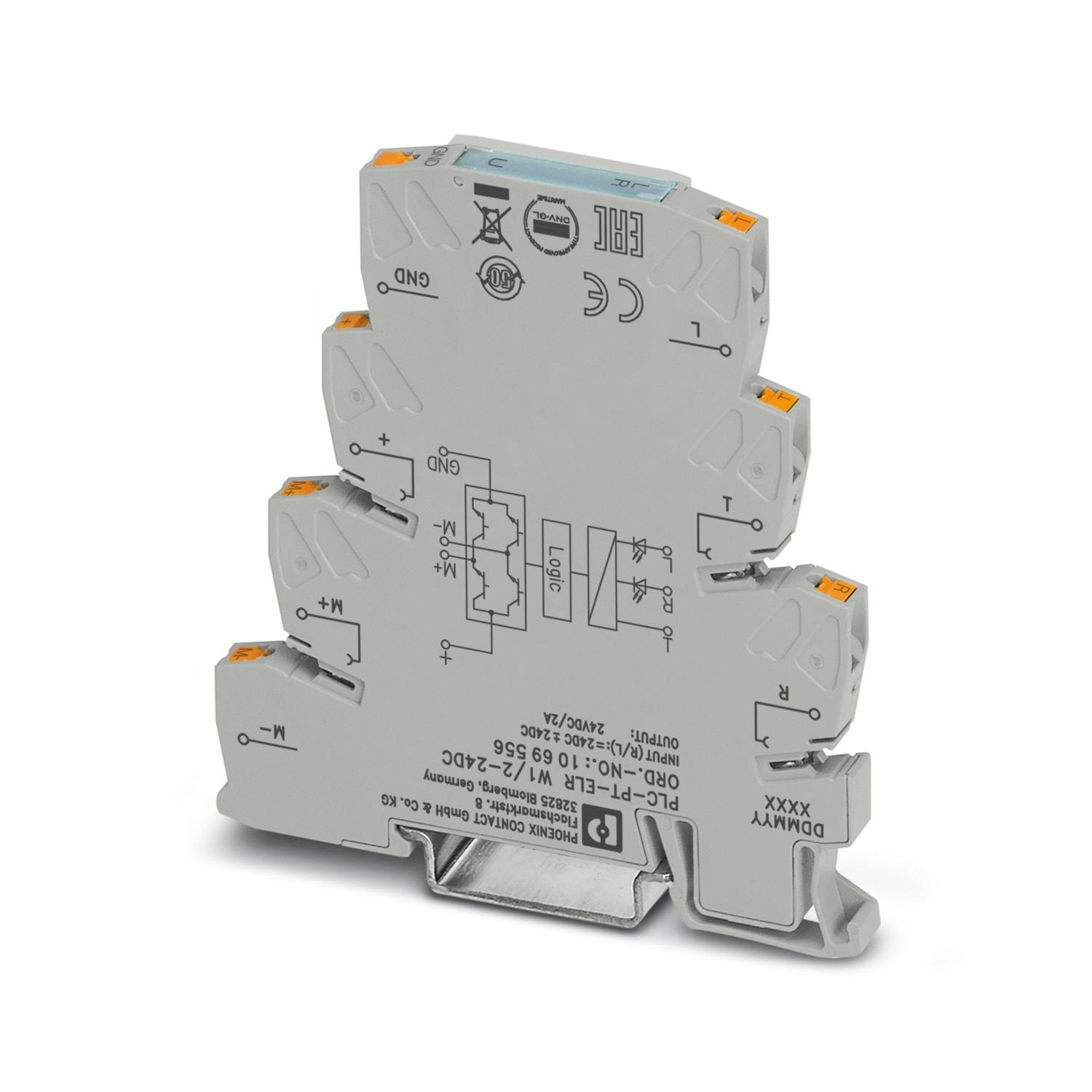 PLC-INTERFACE as an electronic reversing load relay, consisting of PLC-BPT.../21 basic terminal block with Push-in connection and integrated circuit, for driving DC motors, with LED display and protective circuit, output: 10 ... 30 V DC/2 A